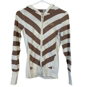 Guess Striped Ribbed Hooded Full Zip Sweater Slim Fit White Brown Size Medium